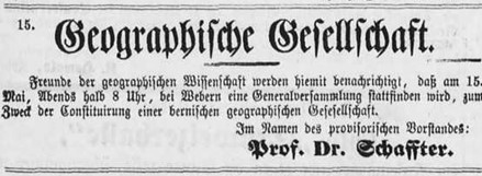 Zeitungsannonce zur Gründung der Geographischen Gesellschaft aus dem „Intelligenzblatt für die Stadt Bern“ vom 15. Mai, 1873